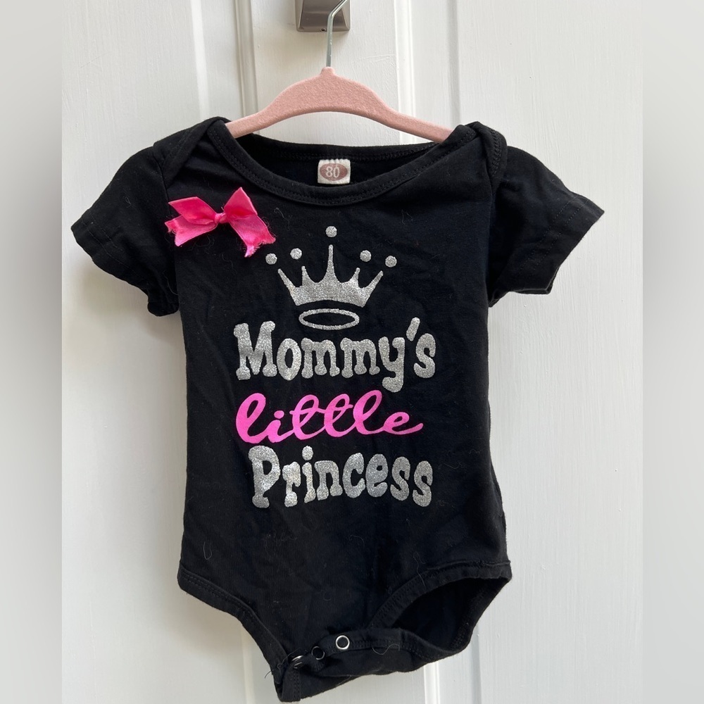 12M Mommy’s Little Princess Black, Hot Pink and Silver Girls Onesie